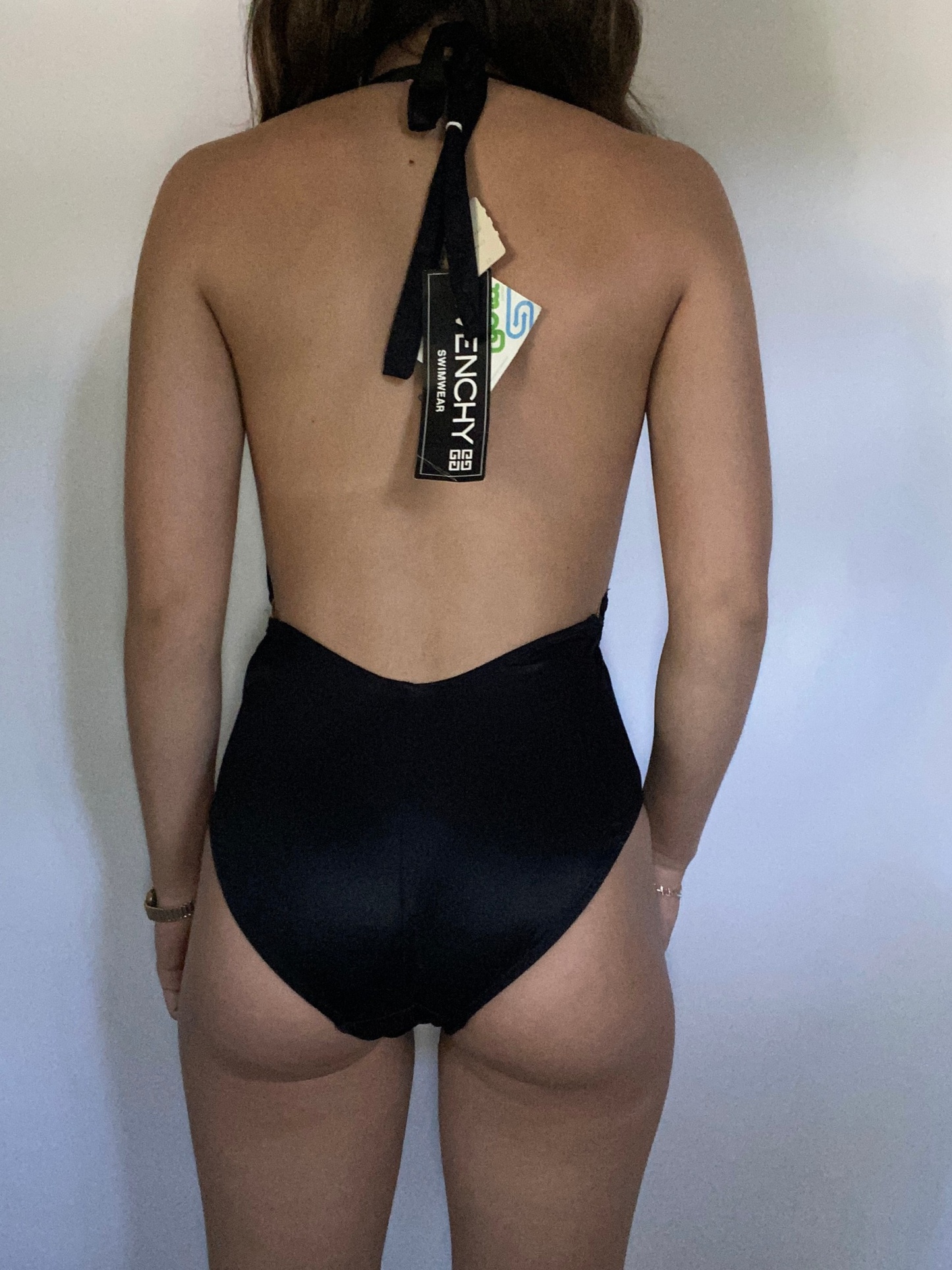 Deadstock Givenchy Logo Plunge Halter One Piece Bathing Suit Size XS