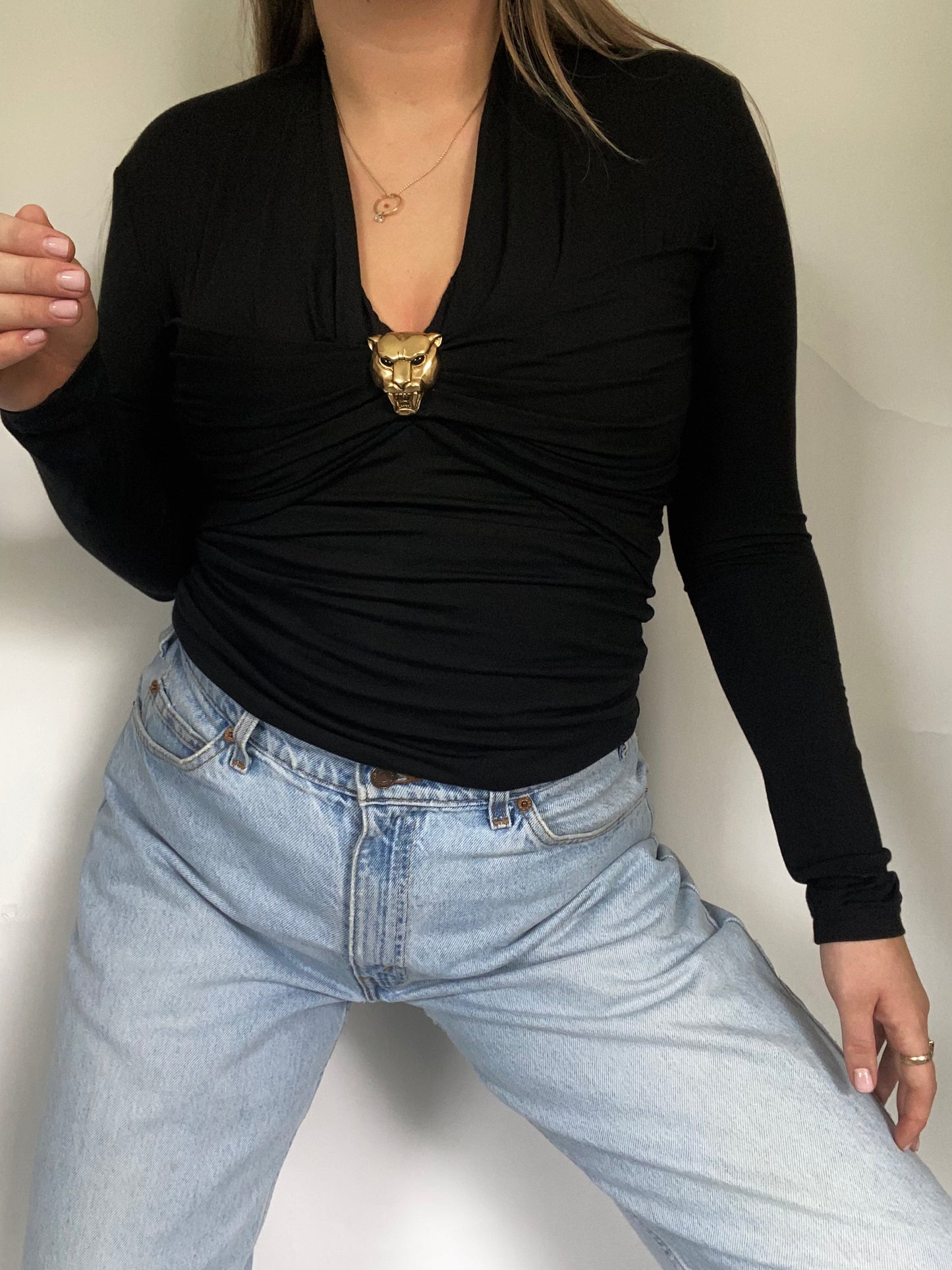 Roberto Cavalli Gold Tone Panther Blouse Size XS/S
