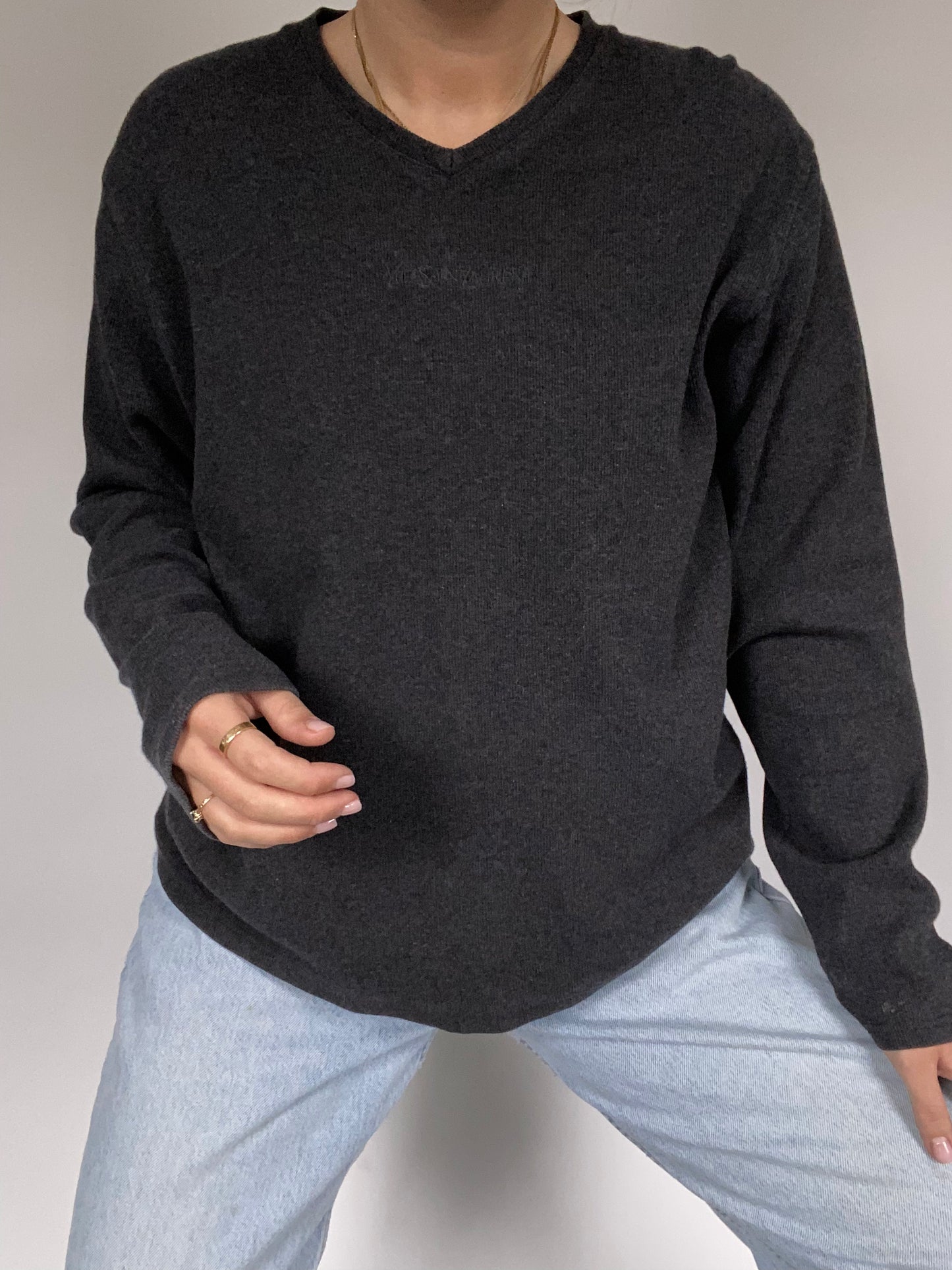 Yves Saint Laurent Logo Gray V Neck Pullover Size M