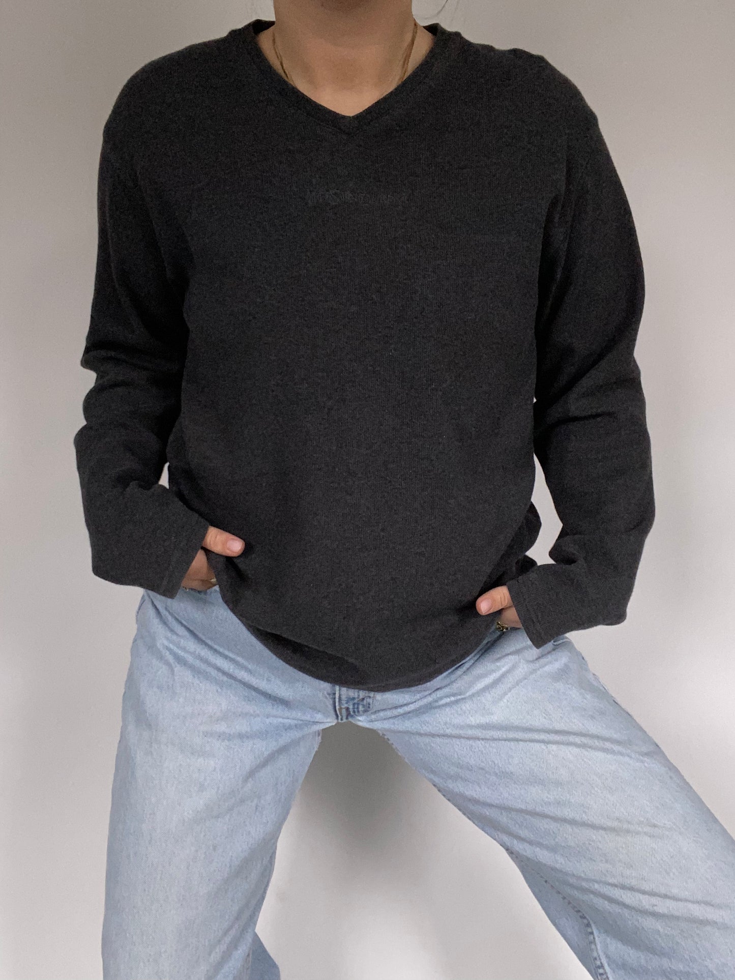 Yves Saint Laurent Logo Gray V Neck Pullover Size M