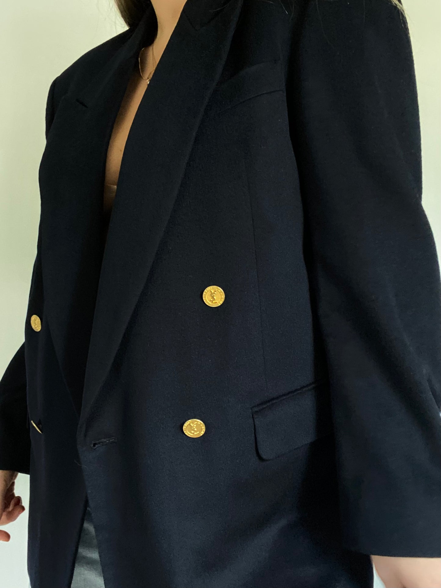 Yves Saint Laurent Logo Navy Double Breasted Blazer Size M