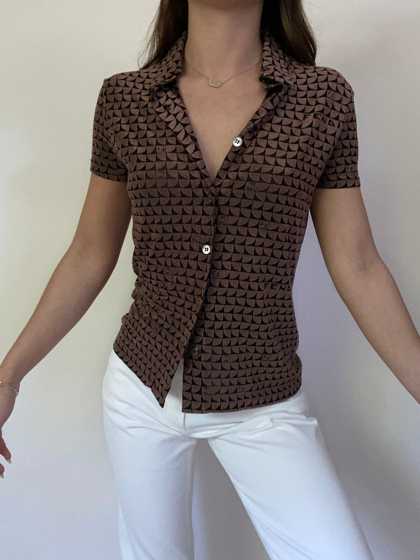 Fendi Monogram Logo Short Sleeve Button Up Blouse Size S/M