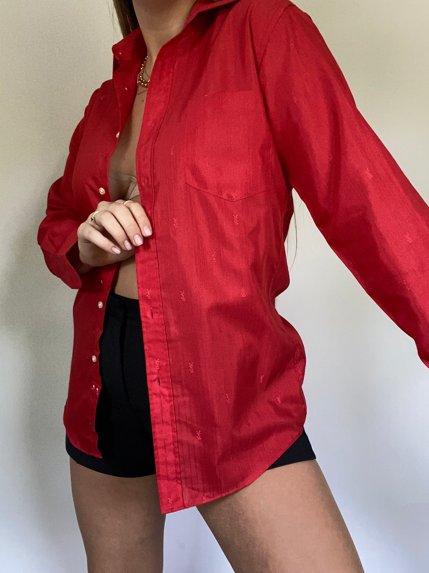 Yves Saint Laurent Monogram Logo Red Button Up Size S
