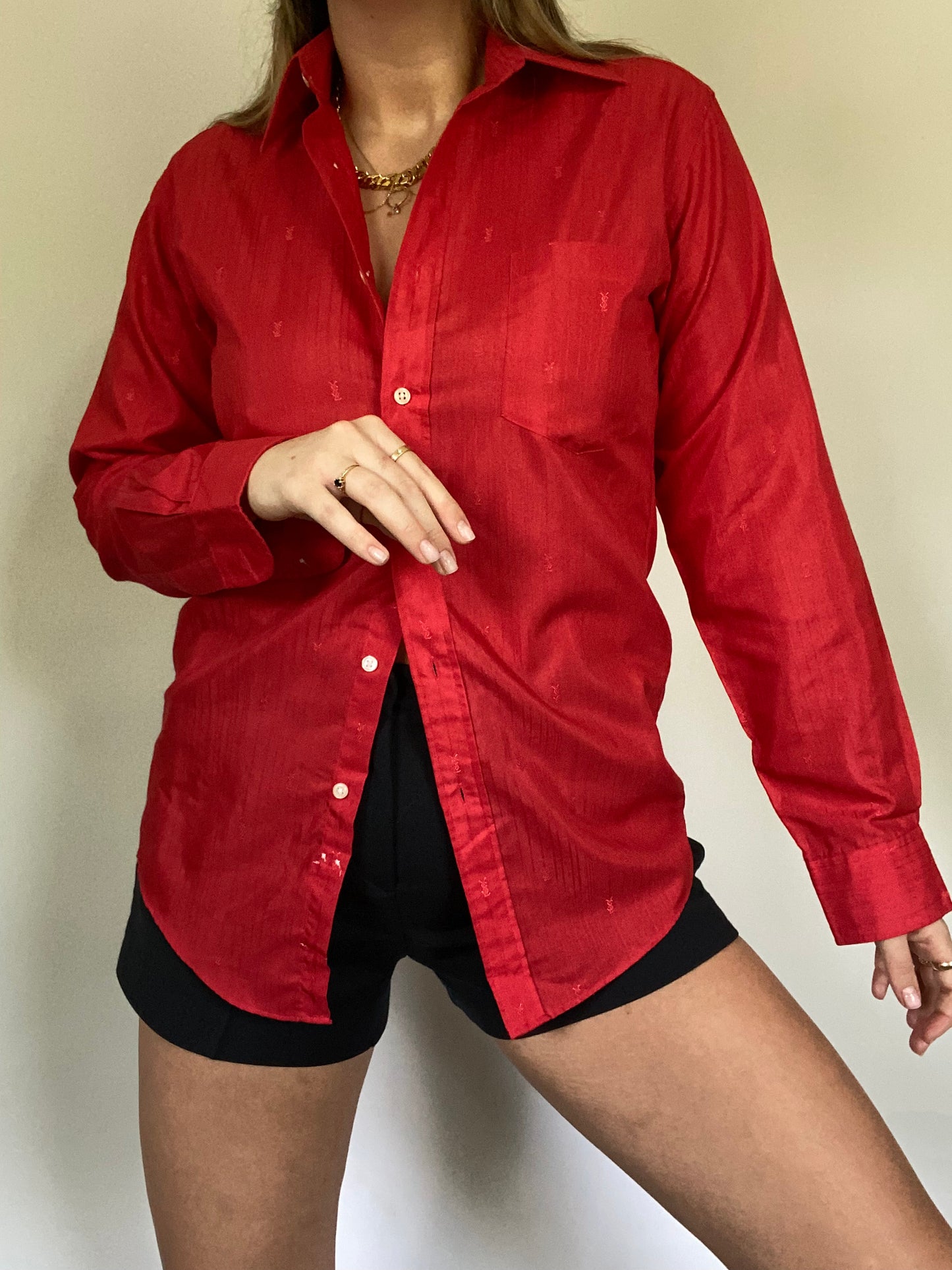 Yves Saint Laurent Monogram Logo Red Button Up Size S