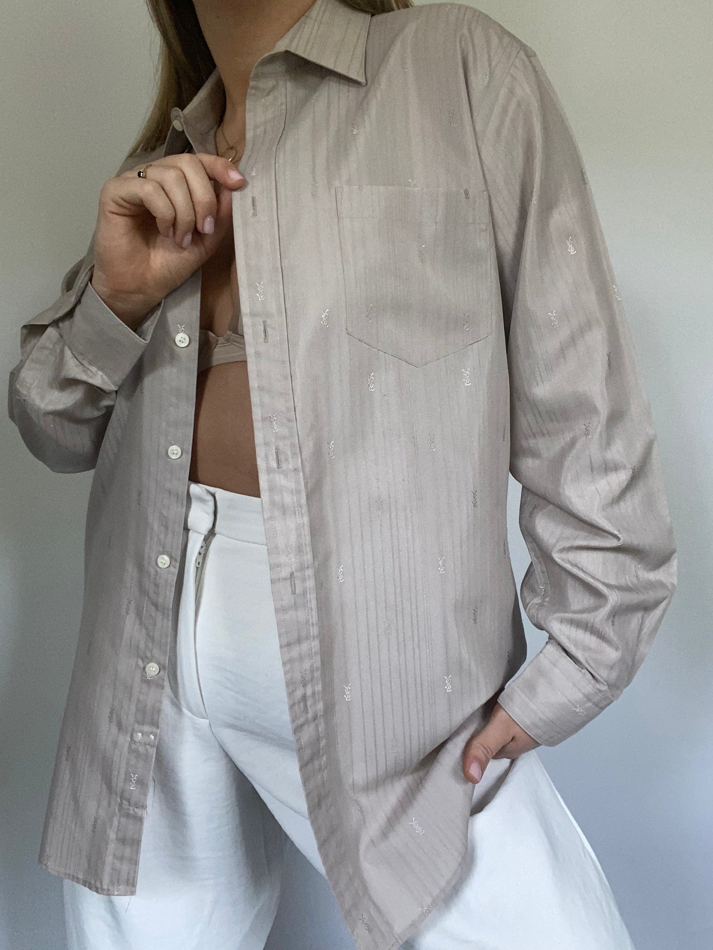 Yves Saint Laurent Monogram Logo Taupe Button Up Size S/M