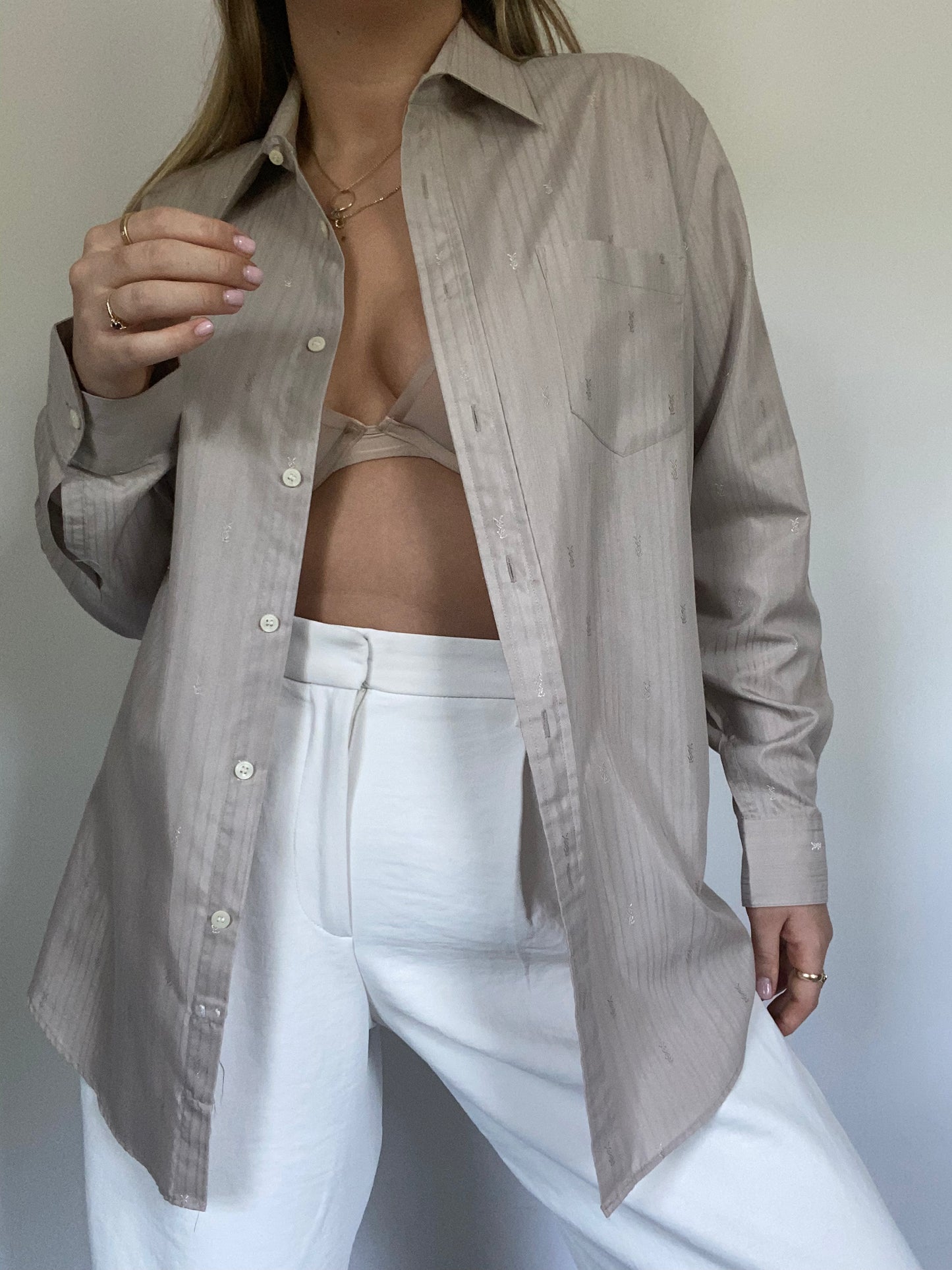 Yves Saint Laurent Monogram Logo Taupe Button Up Size S/M