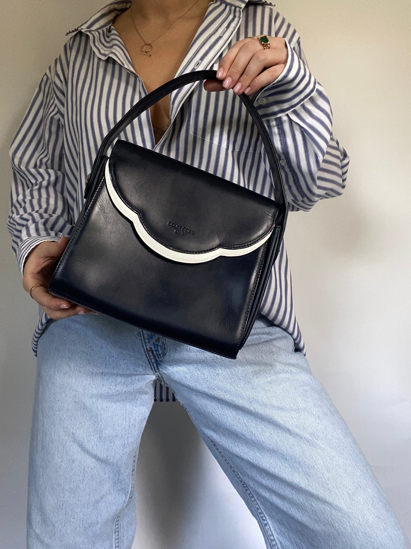 Courrèges Navy Leather Top Handle Bag