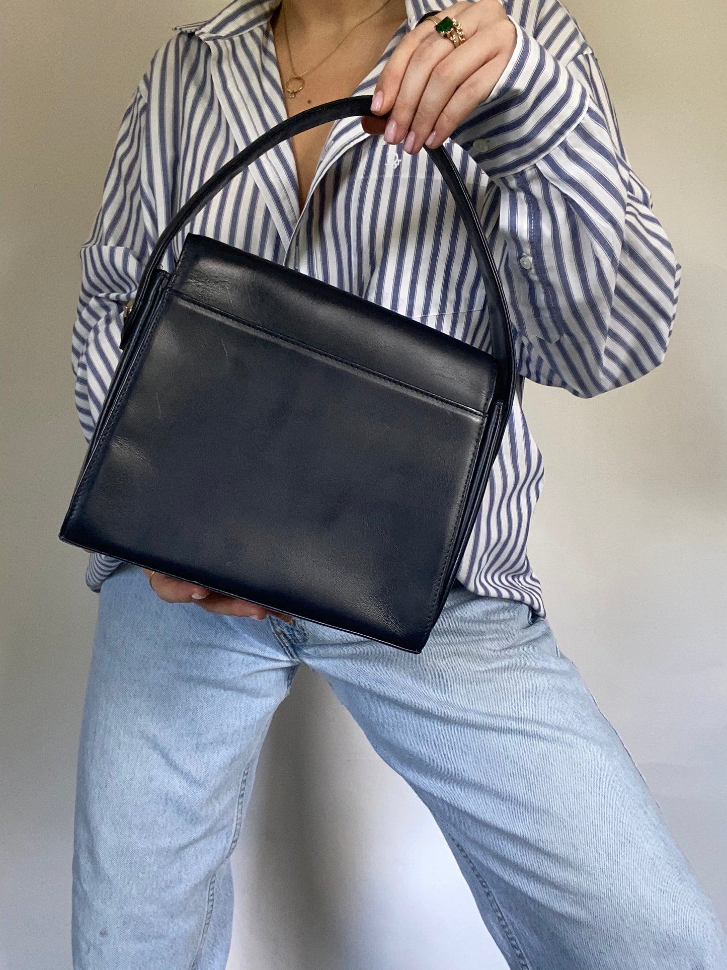 Courrèges Navy Leather Top Handle Bag