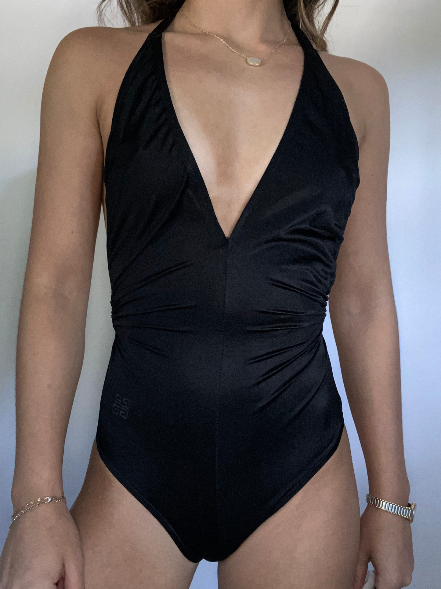 Deadstock Givenchy Logo Plunge Halter One Piece Bathing Suit Size XS
