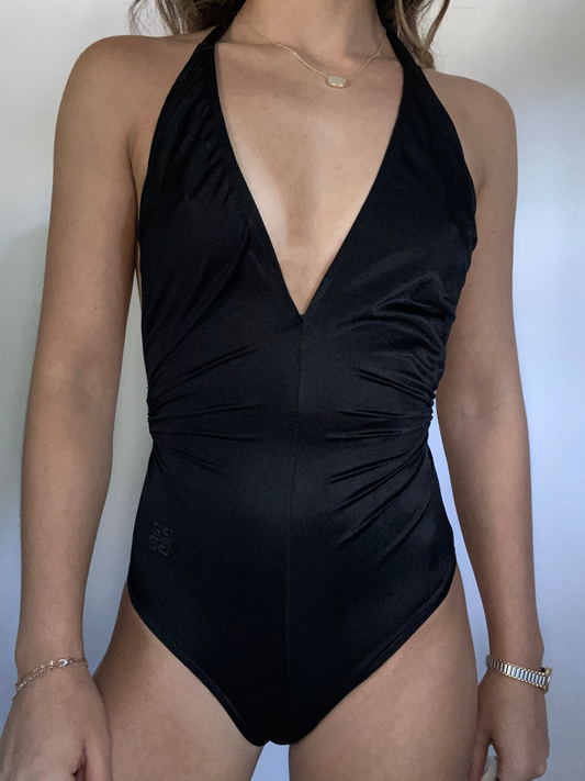 Deadstock Givenchy Logo Plunge Halter One Piece Bathing Suit Size XS
