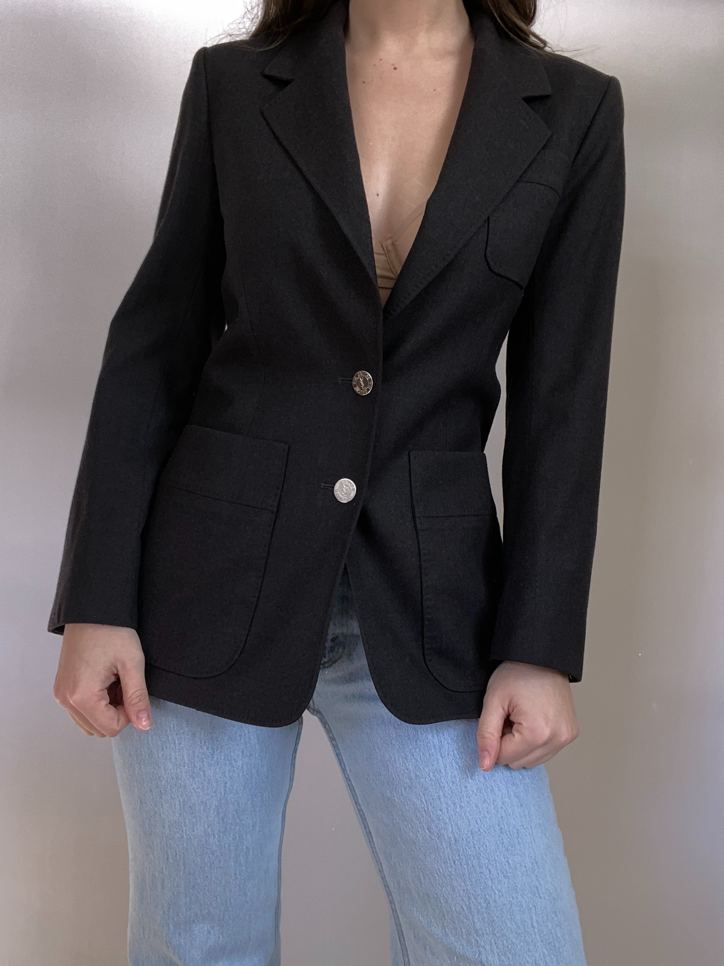 Yves Saint Laurent Logo Dark Gray Blazer Size 2