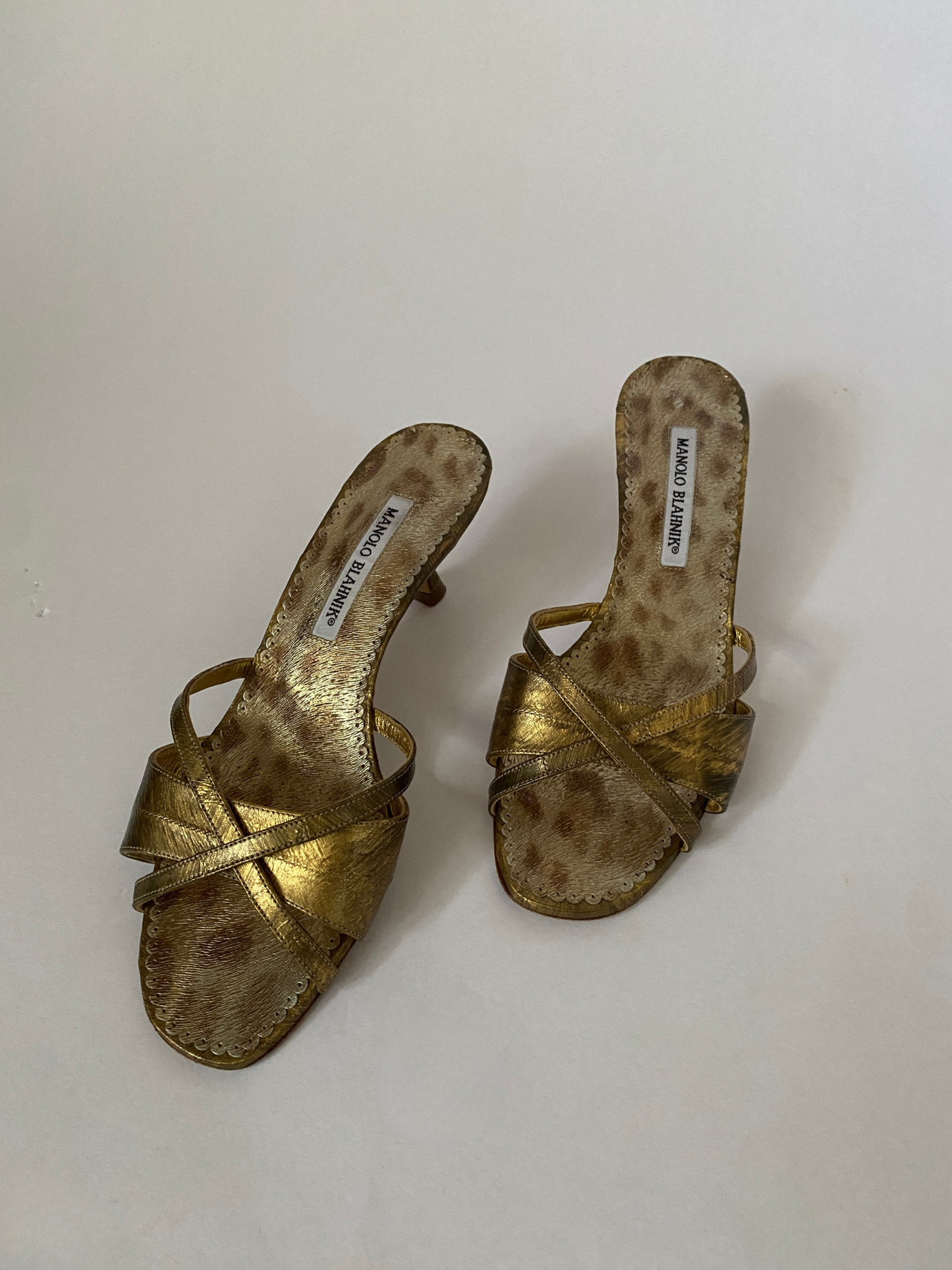 Manolo Blahnik Metallic Kitten Heel Mules Size 8
