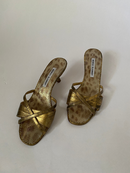 Manolo Blahnik Metallic Kitten Heel Mules Size 8