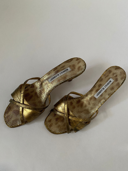 Manolo Blahnik Metallic Kitten Heel Mules Size 8