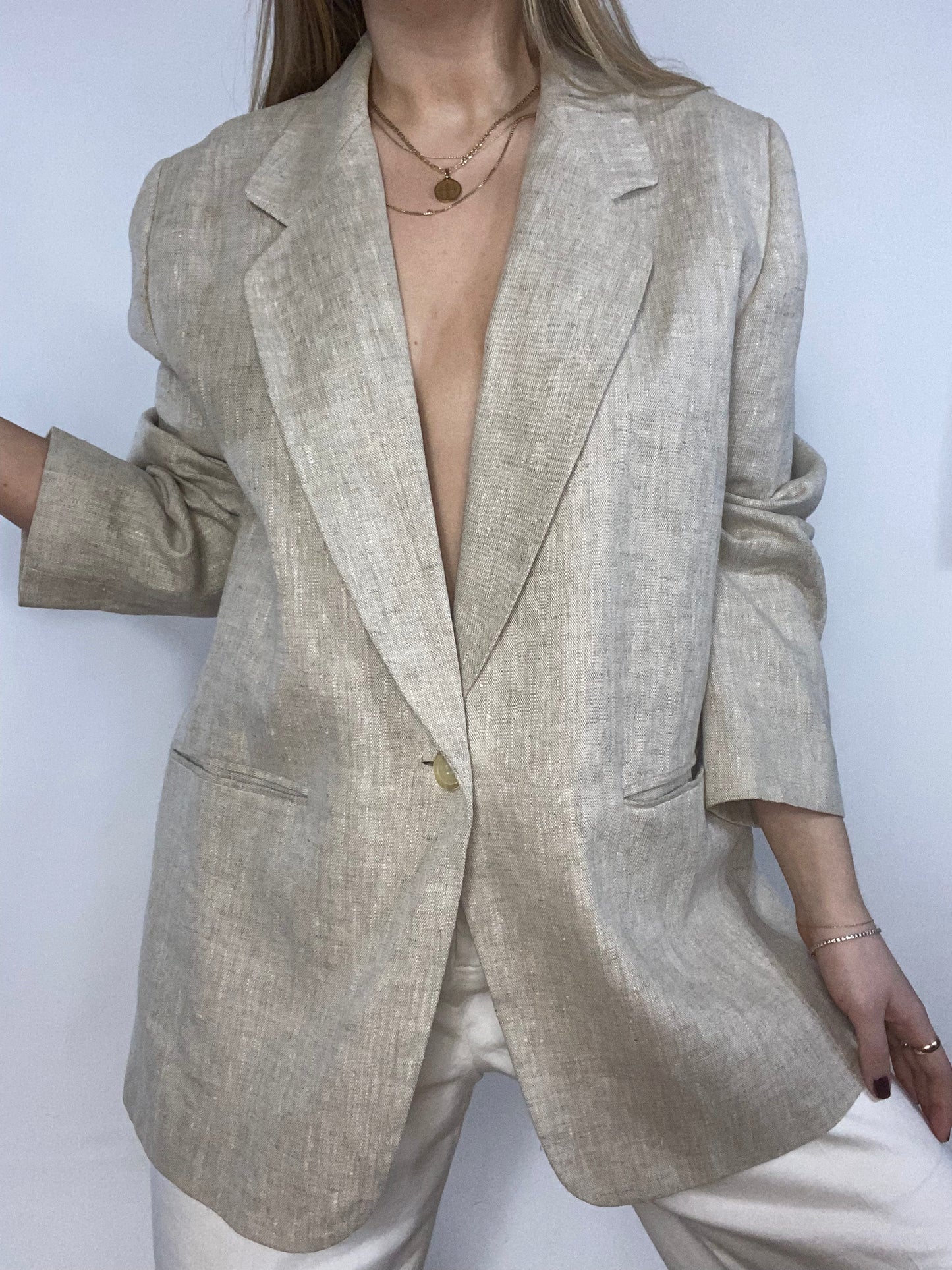 Essential Beige Linen Suiting Blazer Size L