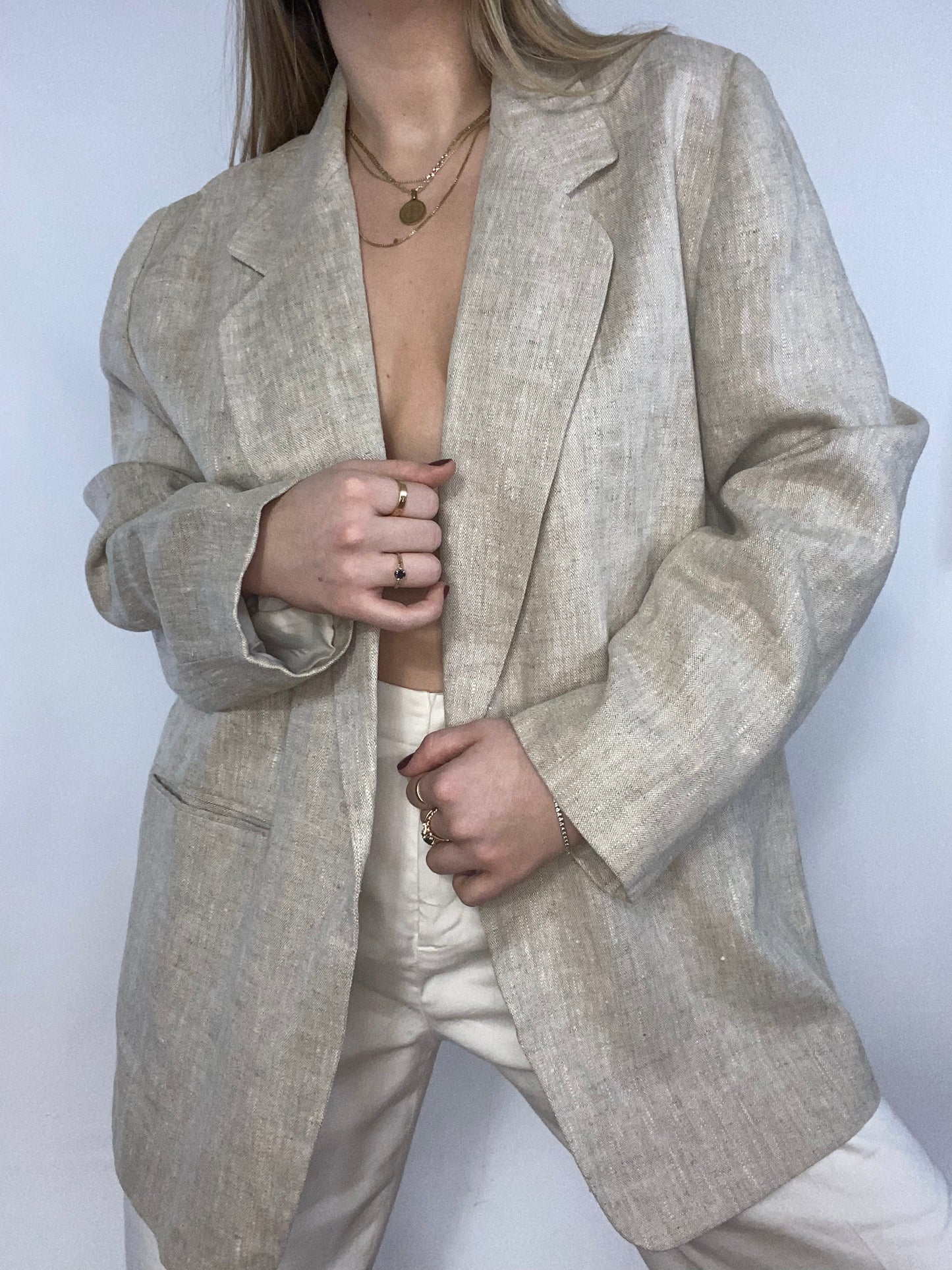 Essential Beige Linen Suiting Blazer Size L