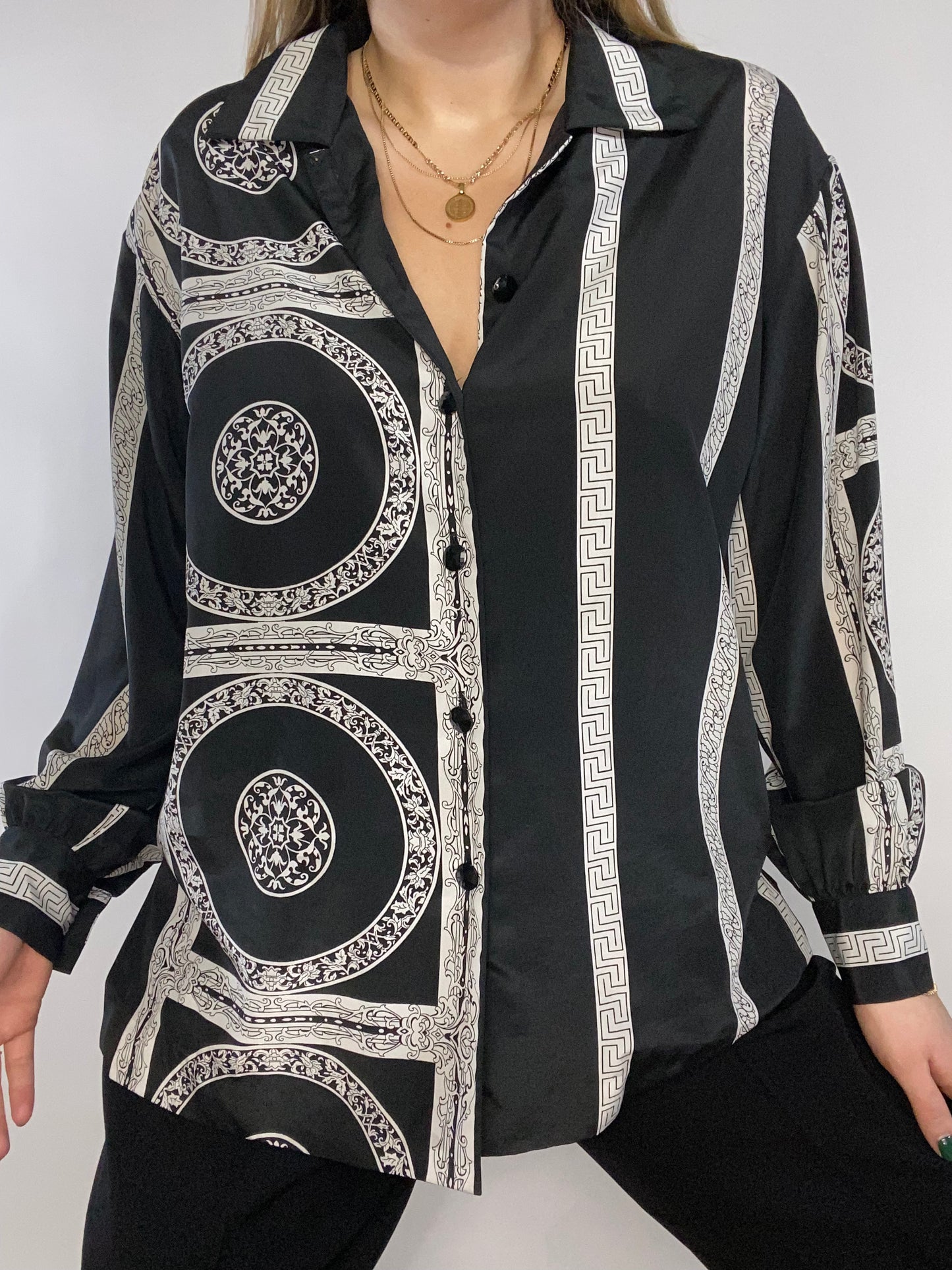 Geometric Print Black Silky Button Up Size M