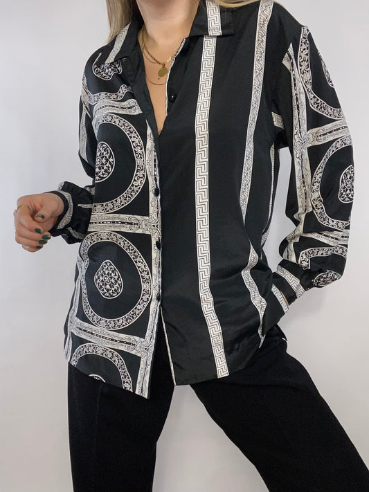 Geometric Print Black Silky Button Up Size M