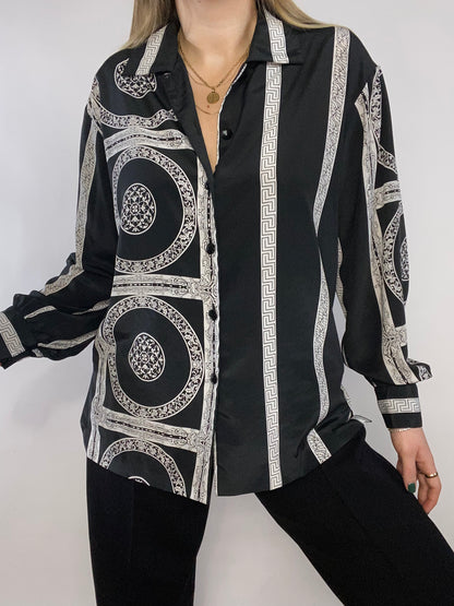 Geometric Print Black Silky Button Up Size M