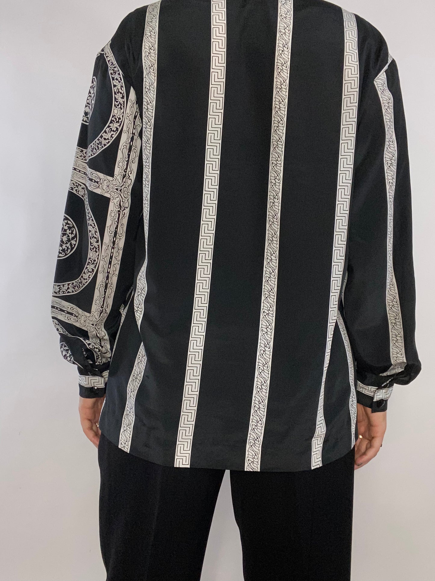 Geometric Print Black Silky Button Up Size M