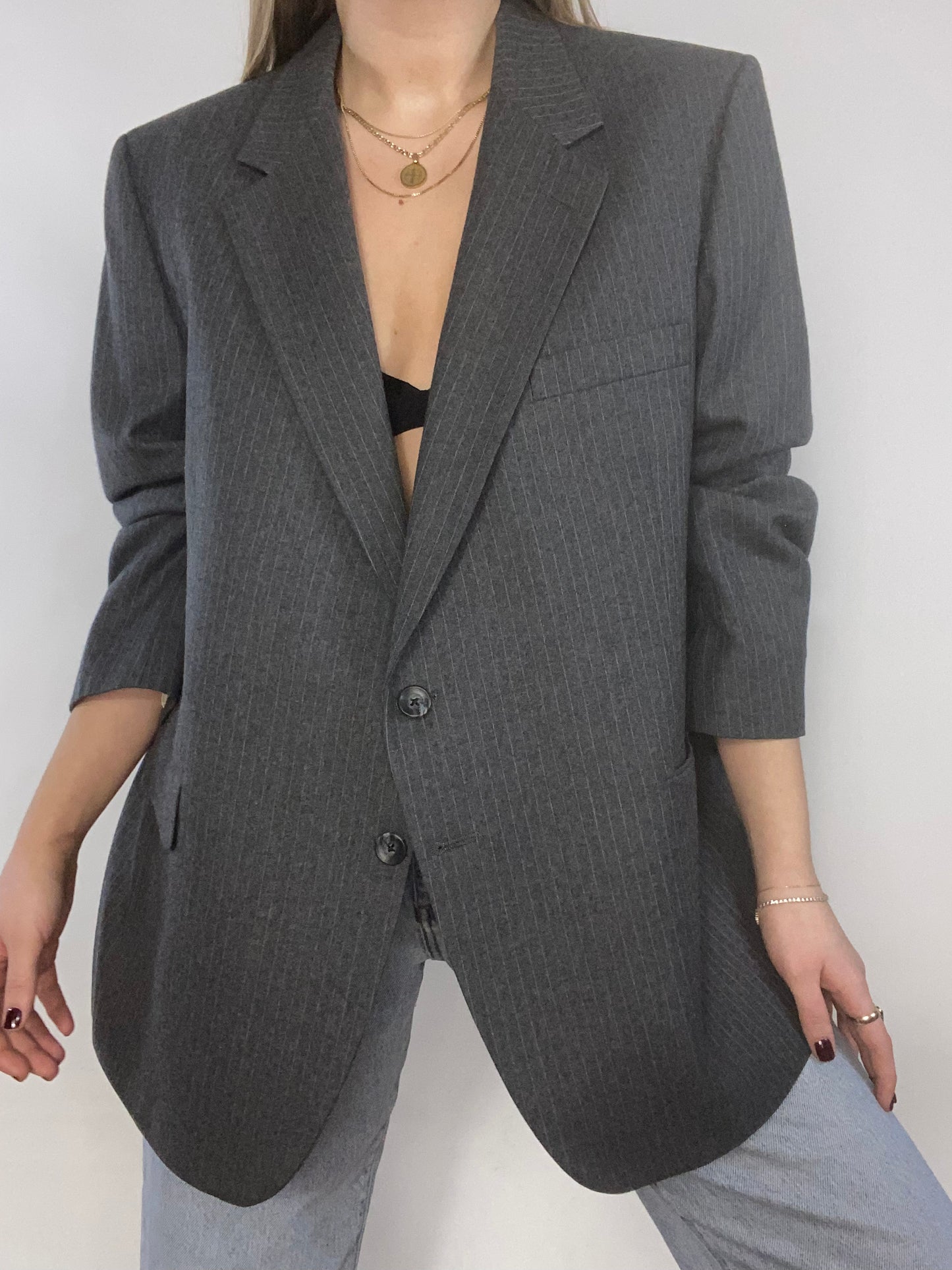 Essential Charcoal Grey Pinstriped Suiting Blazer Size M