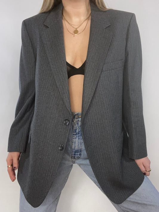 Essential Charcoal Grey Pinstriped Suiting Blazer Size M