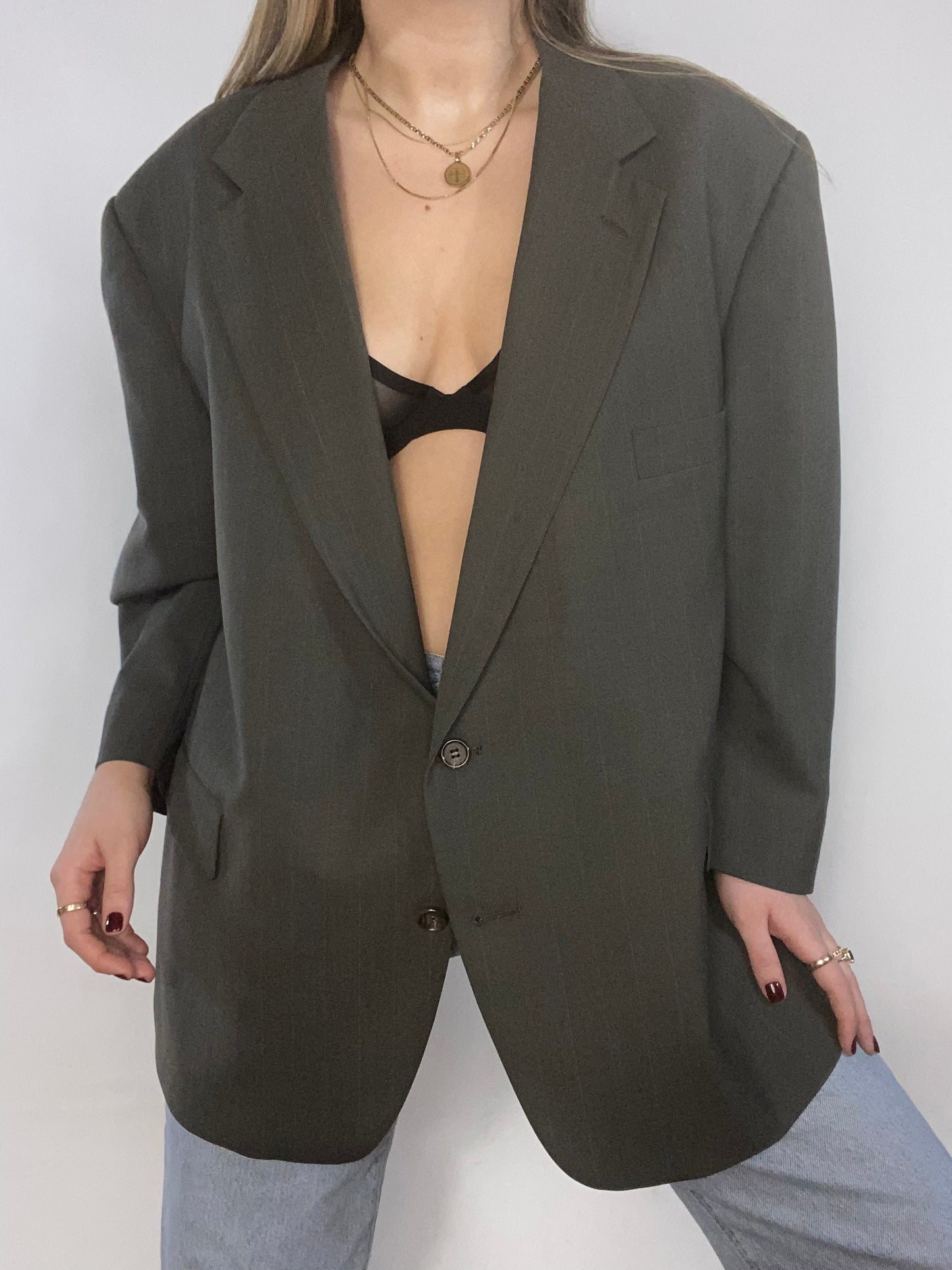 Olive Green Pinstriped Suiting Blazer Size L