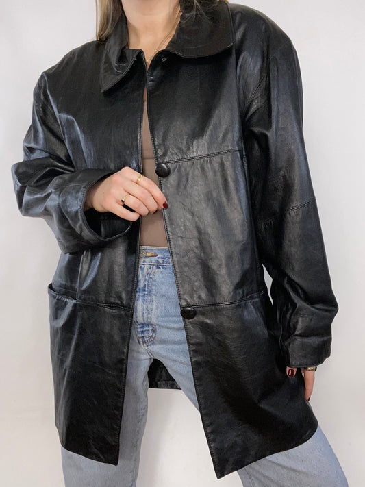 Jet Black Genuine Leather Jacket Size L/XL