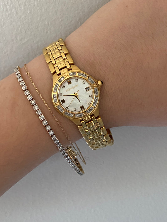 Yves Saint Laurent Gold Tone Diamond Bezel Watch