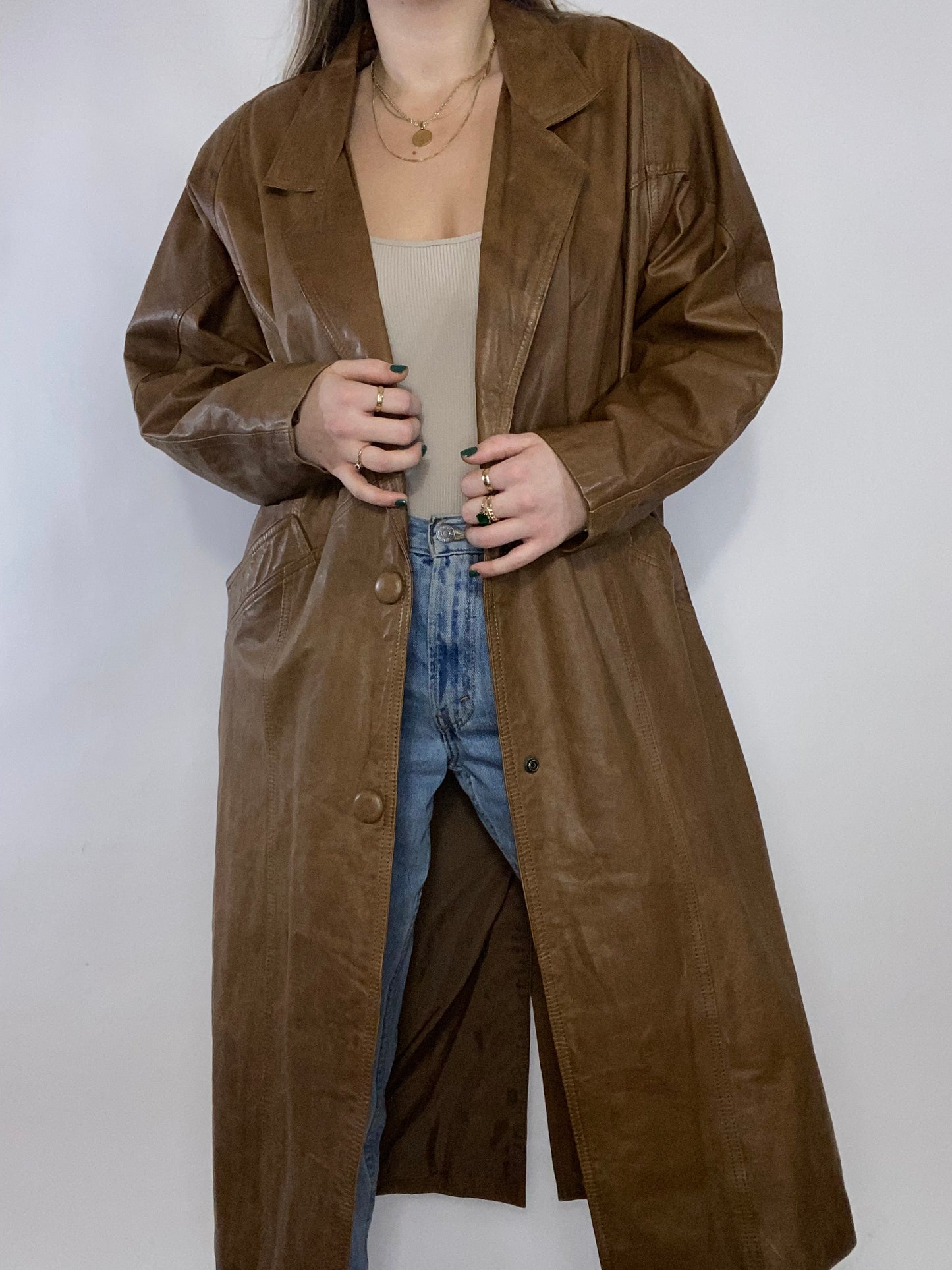 Brown Genuine Leather Trench Coat Size L