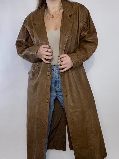 Brown Genuine Leather Trench Coat Size L