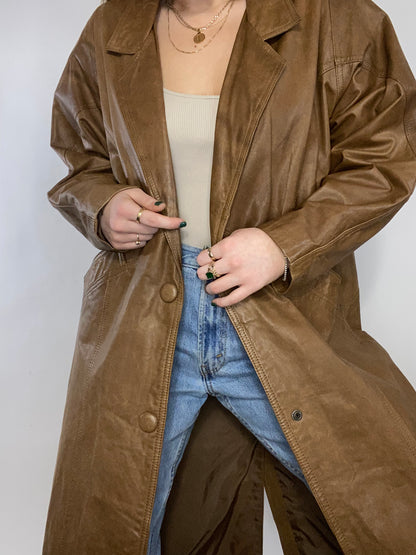 Brown Genuine Leather Trench Coat Size L