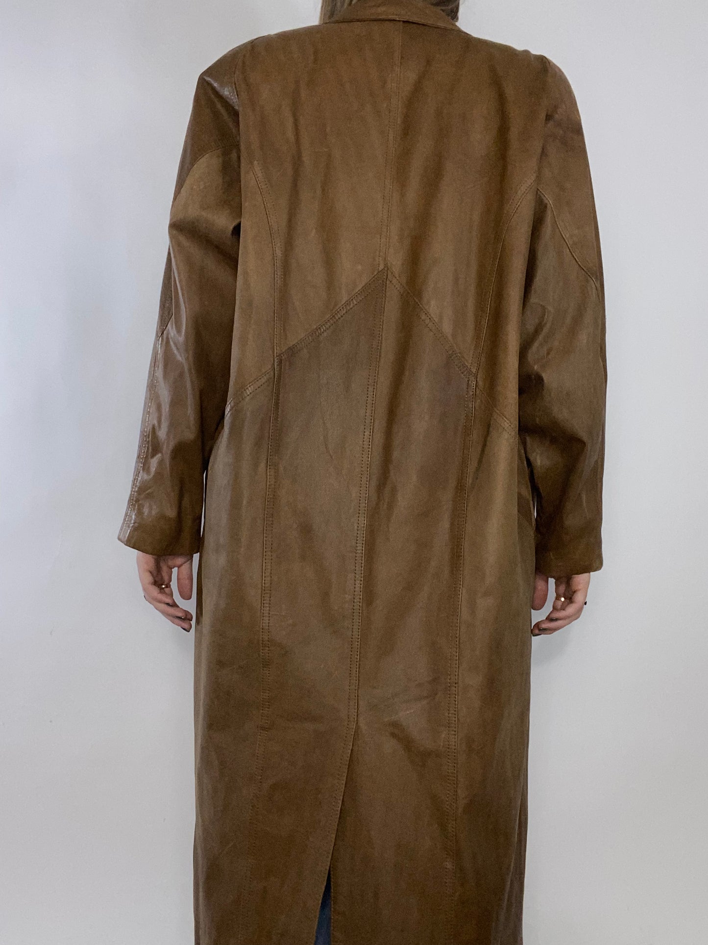 Brown Genuine Leather Trench Coat Size L