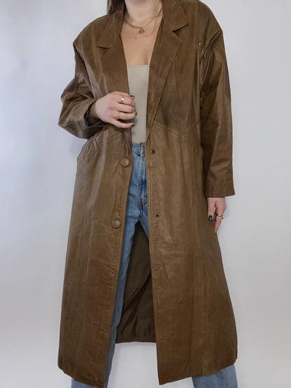 Brown Genuine Leather Trench Coat Size L