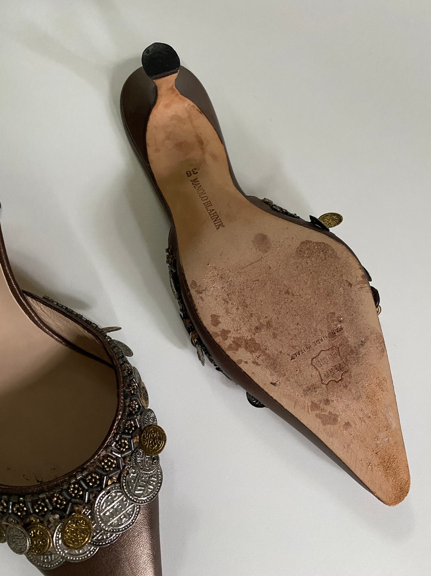 Manolo Blahnik Coin & Bead Embellished Kitten Heels Size 7.5
