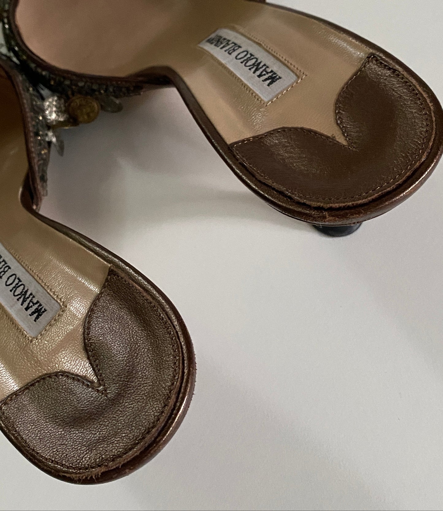 Manolo Blahnik Coin & Bead Embellished Kitten Heels Size 7.5