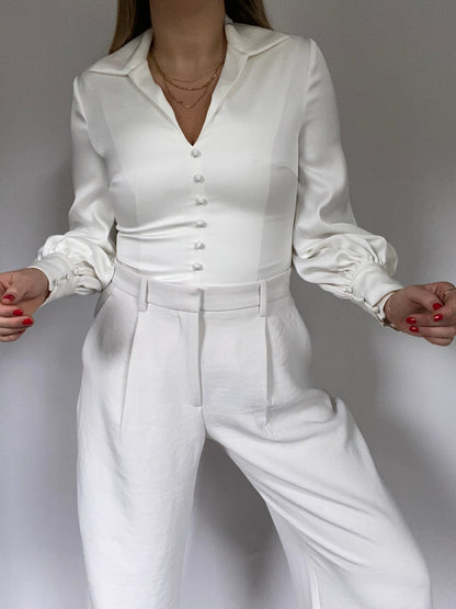 Badgley Mischka White Satin Button Up Blouse Size S