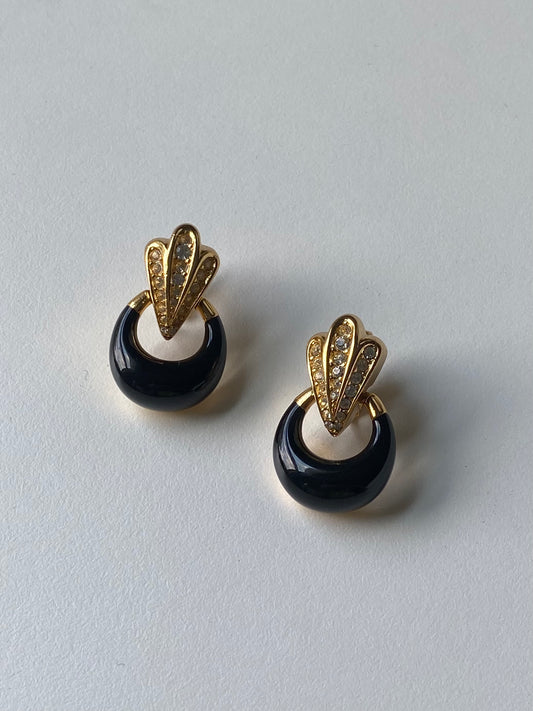 Christian Dior Black Enamel Rhinestone Earrings