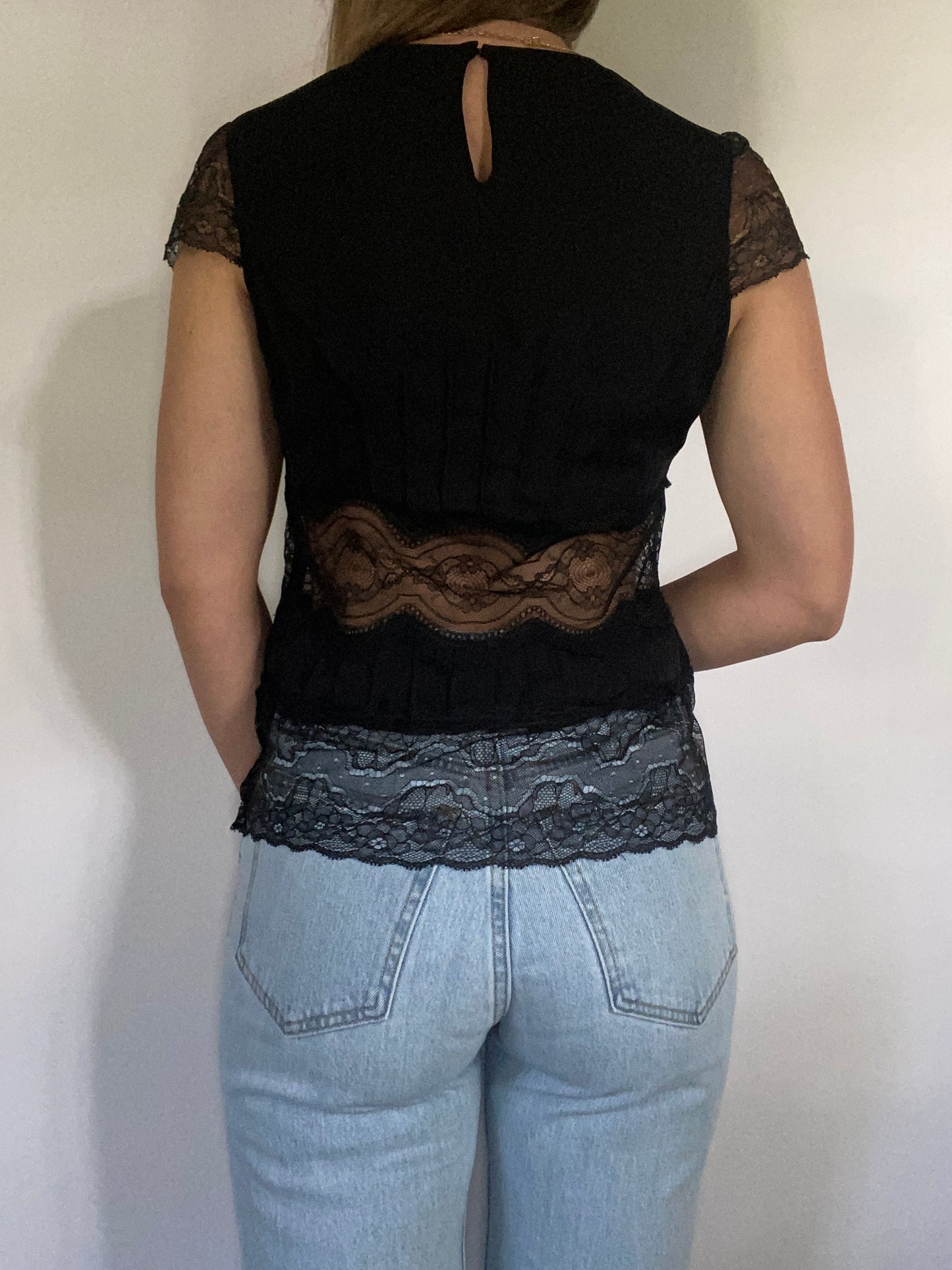 Vintage Carolina Herrera Black Silk Lace Blouse Size S