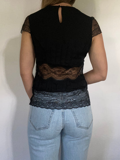 Vintage Carolina Herrera Black Silk Lace Blouse Size S