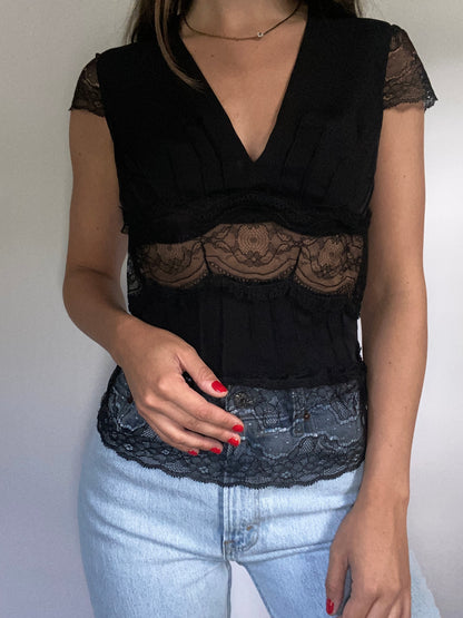 Vintage Carolina Herrera Black Silk Lace Blouse Size S