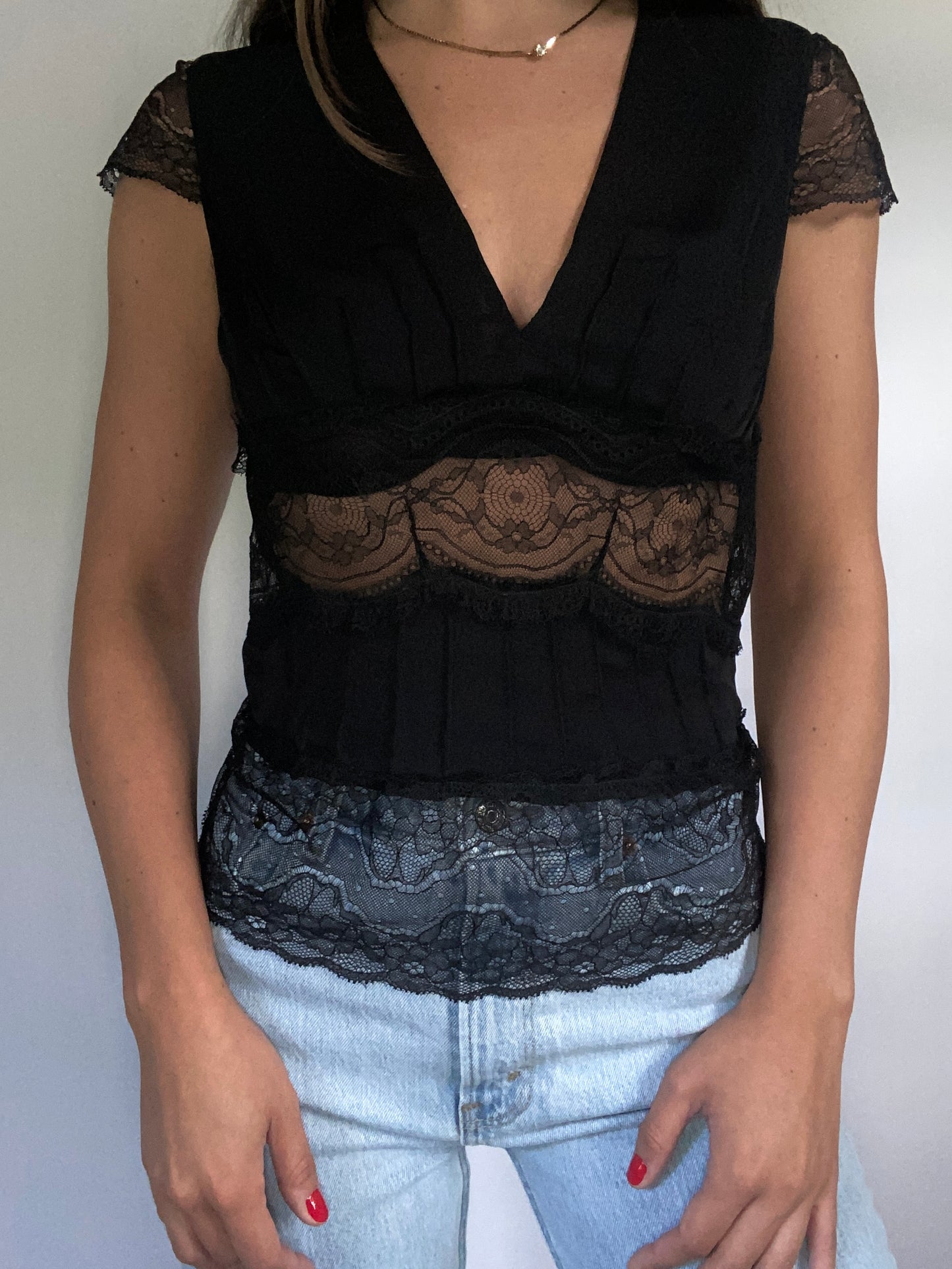 Vintage Carolina Herrera Black Silk Lace Blouse Size S