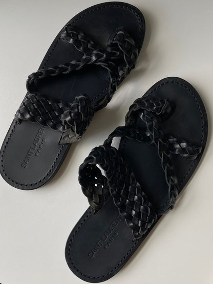 Saint Laurent Braided Black Leather Sandals Size 8.5