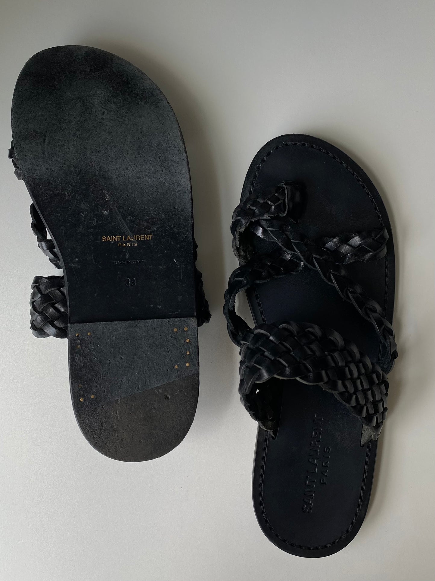 Saint Laurent Braided Black Leather Sandals Size 8.5