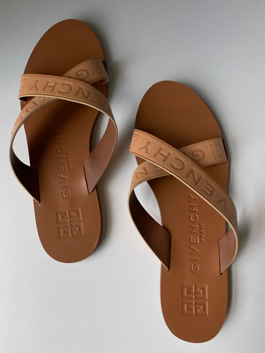 Givenchy Logo Tan Leather Sandals Size 8.5