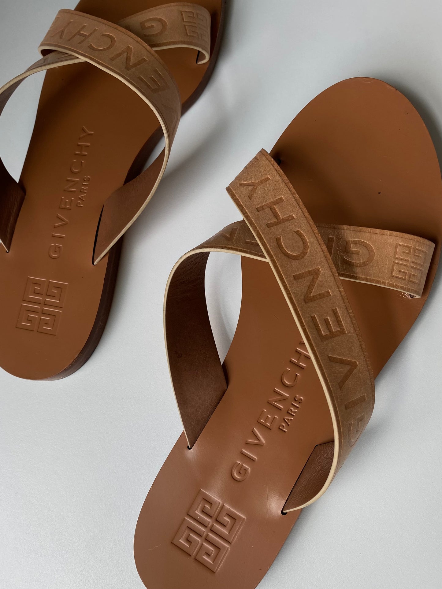 Givenchy Logo Tan Leather Sandals Size 8.5