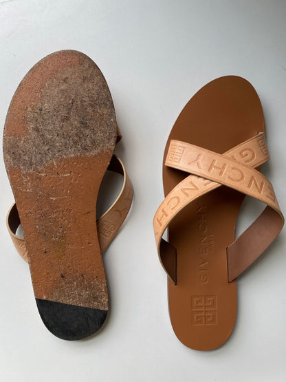 Givenchy Logo Tan Leather Sandals Size 8.5