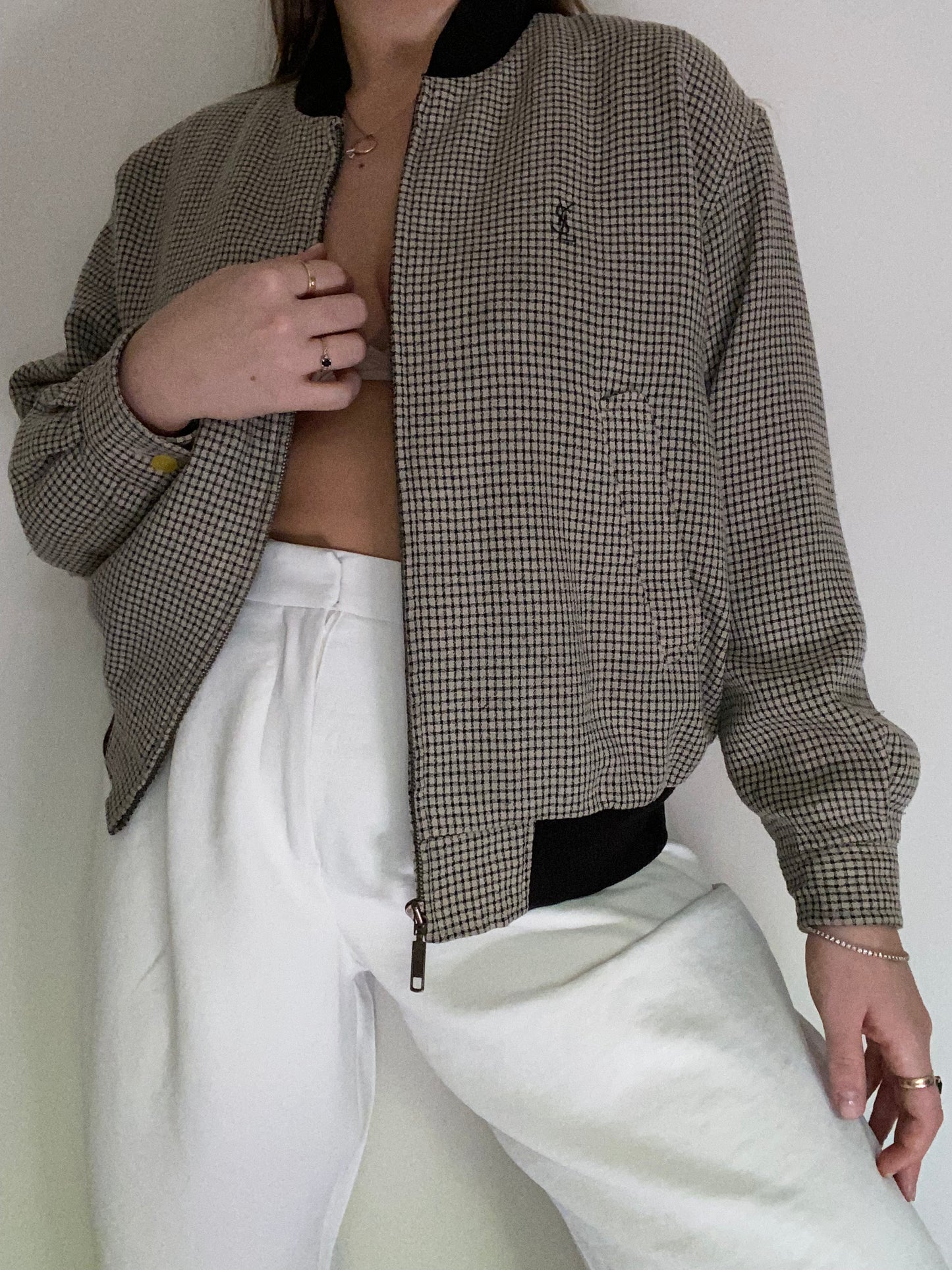 Yves Saint Laurent Logo Houndstooth Bomber Jacket Size S/M