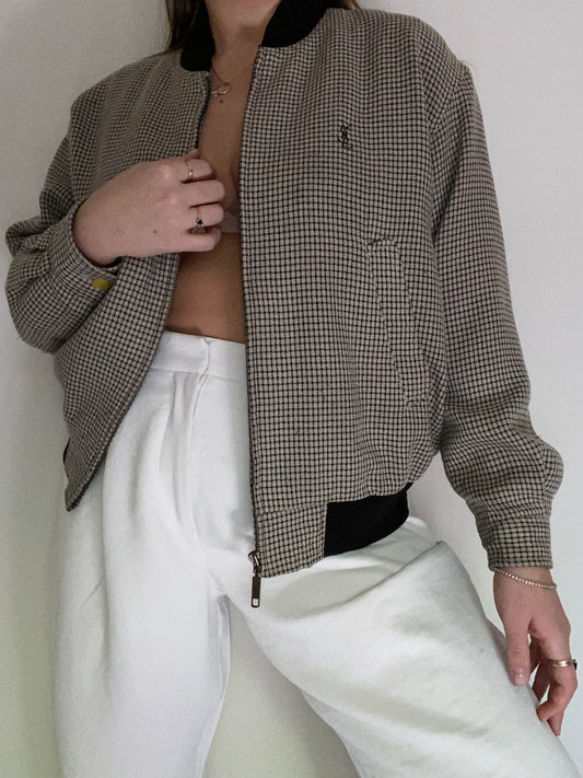 Yves Saint Laurent Logo Houndstooth Bomber Jacket Size S/M