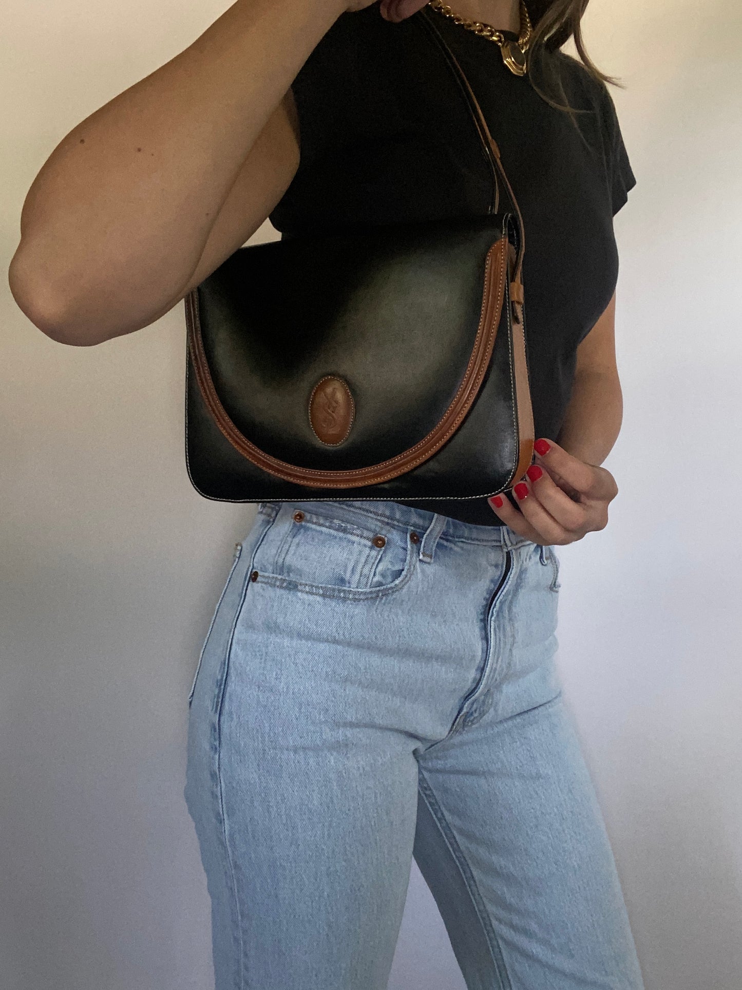 Vintage Yves Saint Laurent Two Tone Leather Shoulder Bag